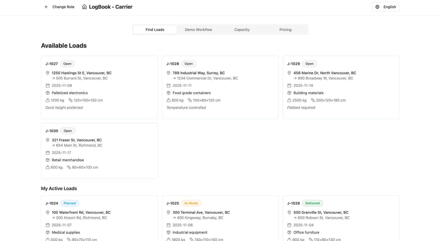 LogBook carrier loads interface