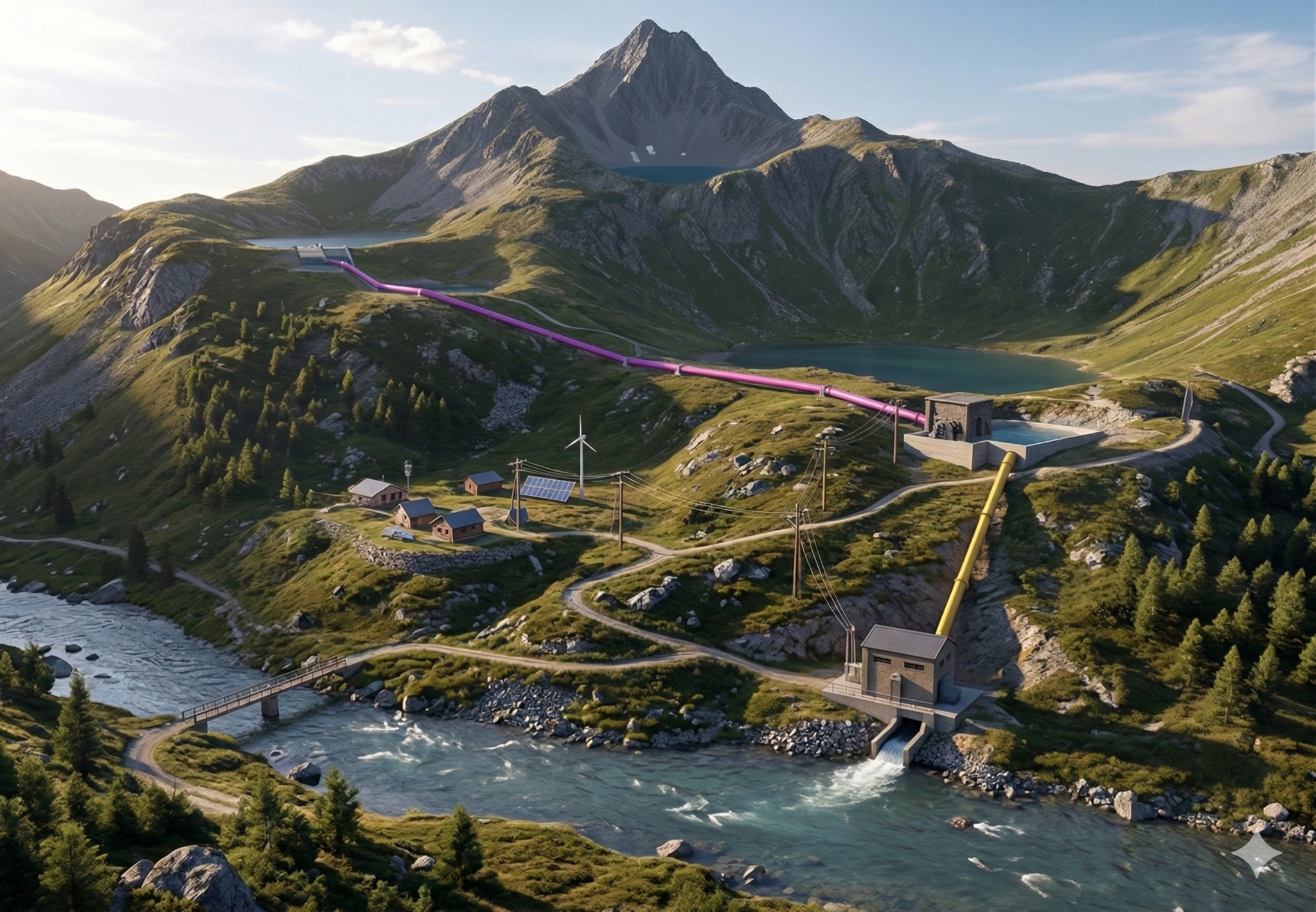 Landscape rendering of the run-of-river hydroelectric system: mountain valley with Pelton turbine house fed by a steel penstock, and a Kaplan turbine at the river outlet.